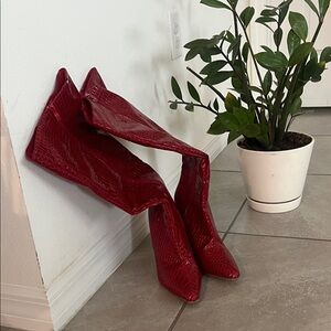 Red Croc-Embossed Knee-High Boots